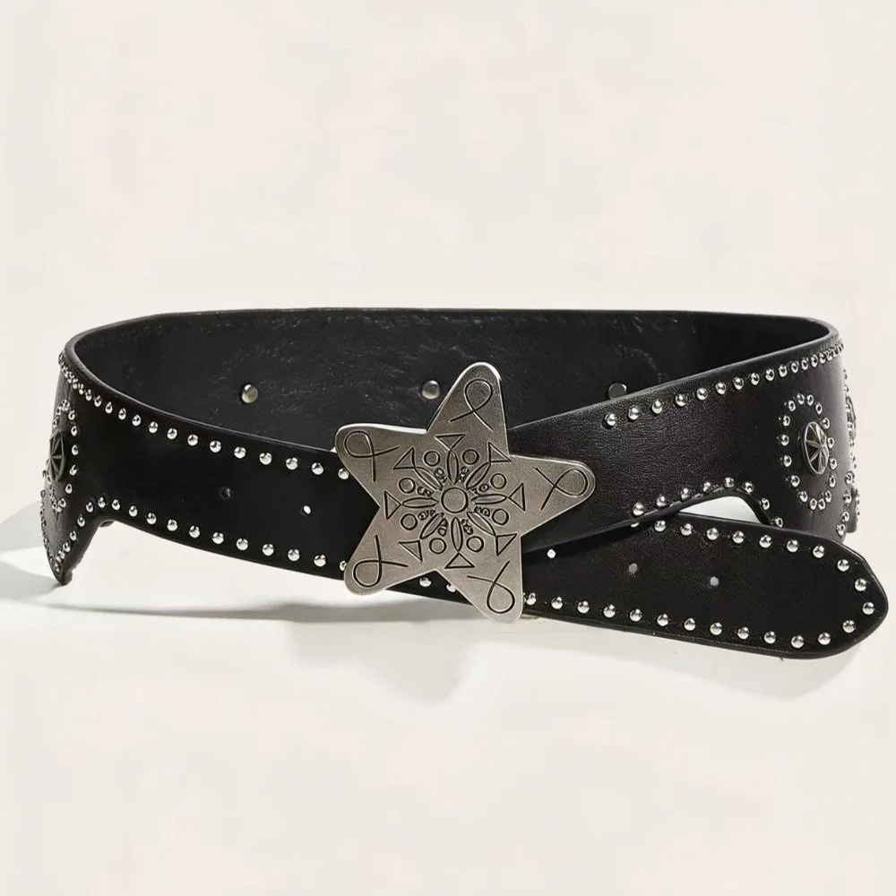 Multifunctional Star Buckle Belt PU Leather Solid Color Jeans Belt Adjustable Five-Pointed Star Buckle Waist Chain