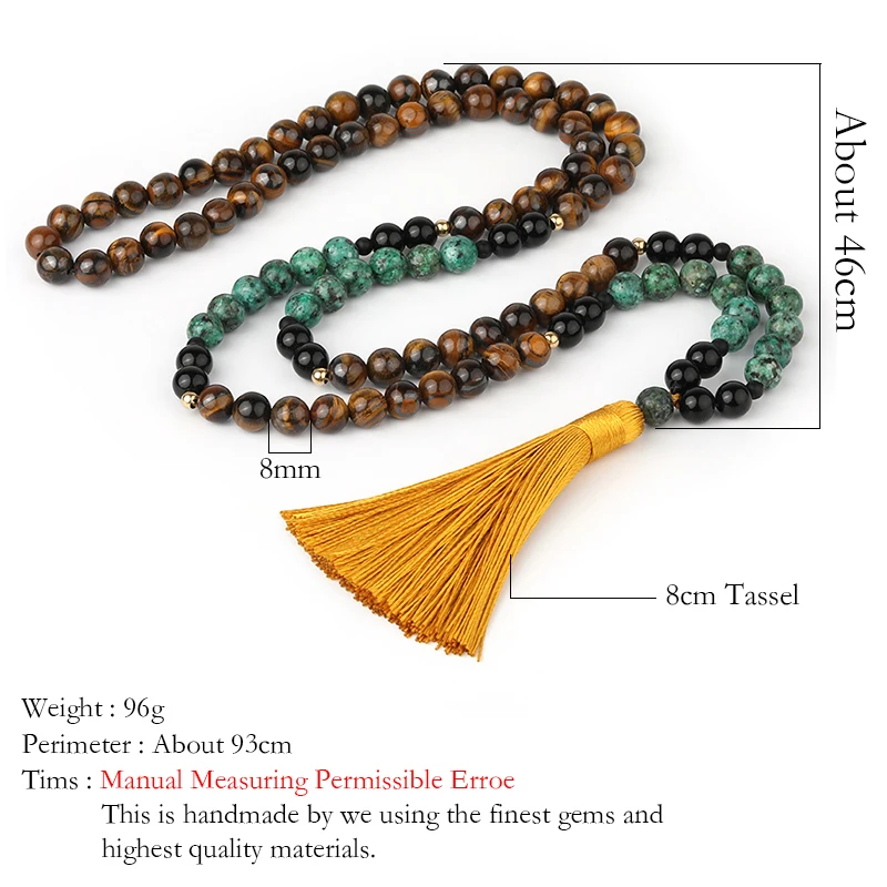 OAIITE 8mm Yellow Tiger Eyes AfricanTurquoise Stone Mala Necklace 108 Japamala Tassel Necklace Bracelet Spirit Yoga Jewelry Set