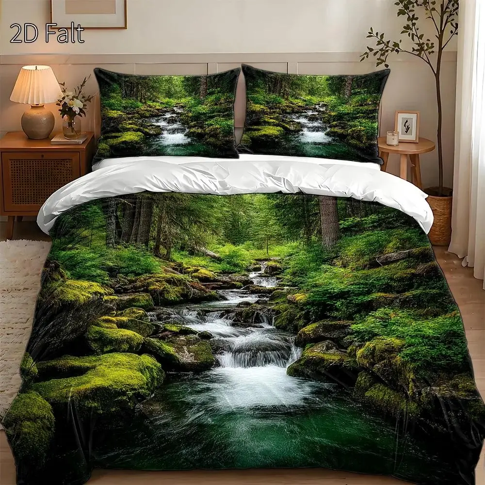 3-Piece Duvet Cover Set, 1 Duvet Cover + 2 Pillowcases (Without Filling) 2D Flat Printing, Duvet Cover Set of Three, Forest and River Theme, Surreal Style, Nature-Friendly, Suitable for All Seasons, Machine Washable, Invisible Zipper, Large Duvet Cover Set, Bedding Set, Fresh and Natural, Eco-Friendly Materials, Antibacterial and Anti-Mite, Home/Dormitory