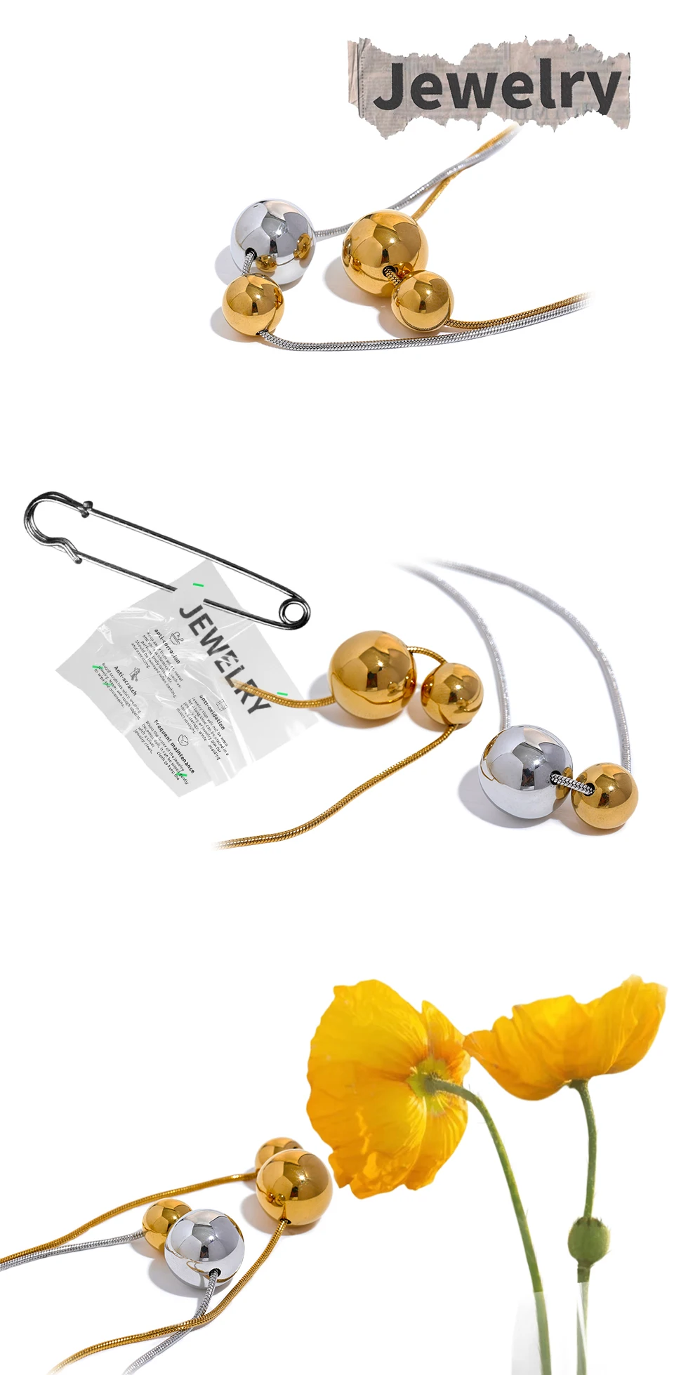 Yhpup Halskette mit rundem Kugelperlen-Anhänger aus Edelstahl, modisch, wasserdicht, Metall, täglich, goldfarben, trendiger Schmuck für Frauen, Geschenk – Detail 8