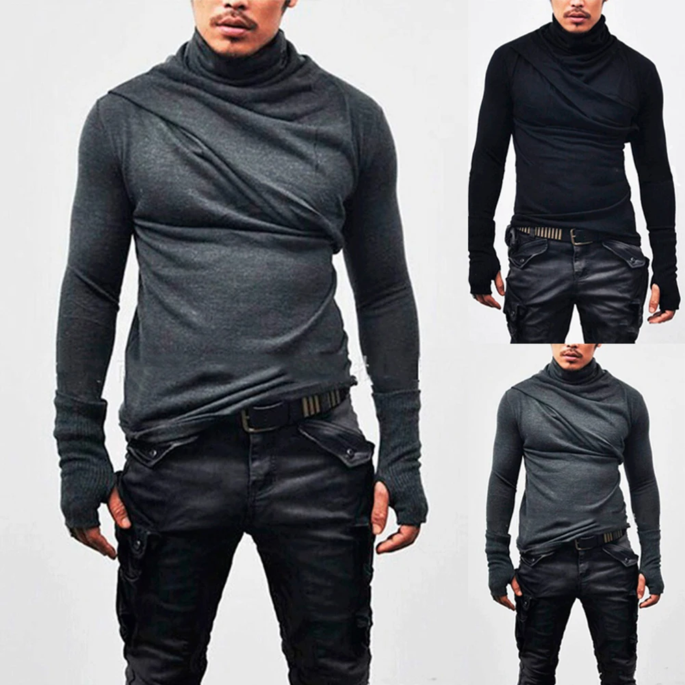 Mens Medieval Elasticity Pullover Long Sleeve Tops T-Shirt Half Turtleneck Pullover Long Sleeve Tops Slim Fit