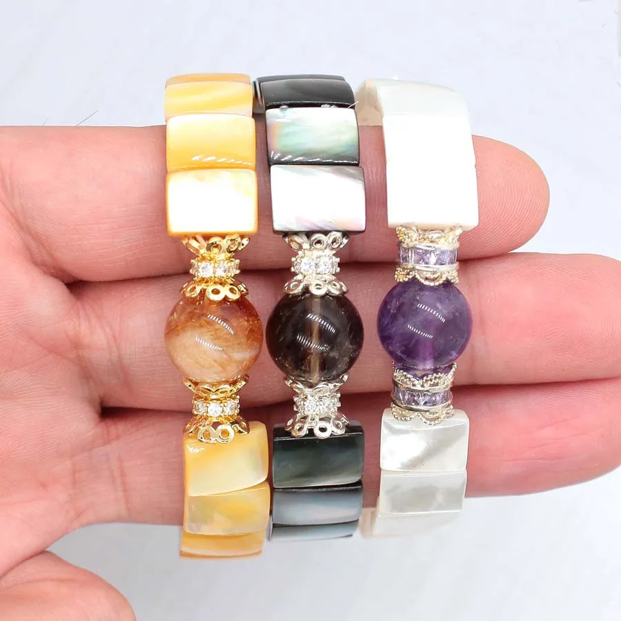Charms Natural Abalone Shell Bracelets For Women Amethyst Citrine Crystal Round Beads Stone Choice Men Bangle Bracelet Jewelry
