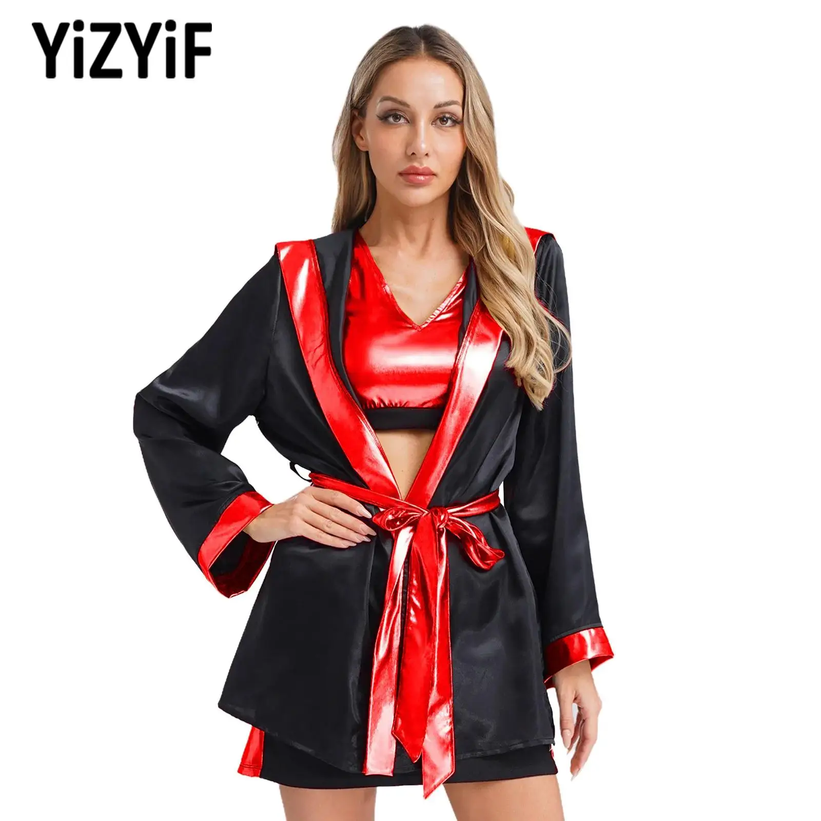 

New Womens Boxing Robe Costume Outfit 4pcs Tank Tops+Skirt Hooded Coverup Robe+Belt Set Halloween Cosplay Dress Up Party Costume