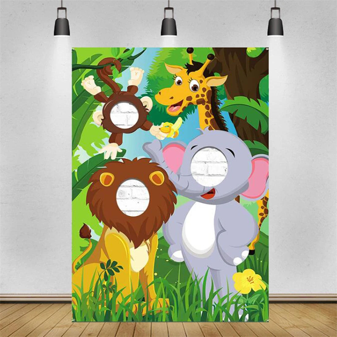 Jungle Animals Safari Birthday Party Photo Prop Backdrop Door Banner Funny Face In Hole Game Poster Background Decorations