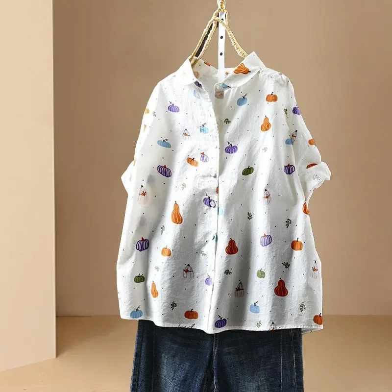

Women Casual Shirt with Pumpkin Print Loose Fit Short Sleeve Turn Down Collar Lightweight Blouse for Summer Daily Wear