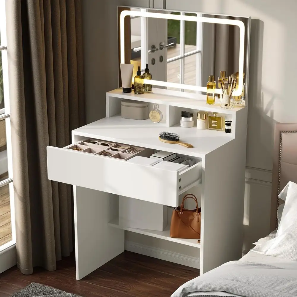 

Compact LED Lighted Makeup Vanity Desk with Adjustable Brightness for Women and Girls' Bedroom