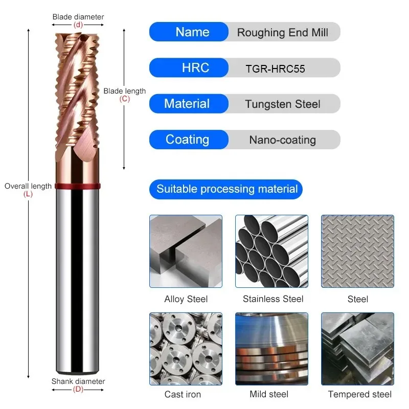 AZZKOR TGR-HRC55 Nano Coating 4-Flute Tungsten Steel Carbide Roughing Milling Cutter CNC Machinery Machining Rough Endmill Tools