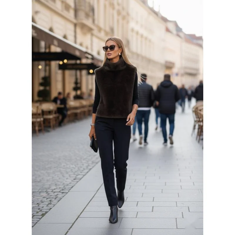 

Women's Faux Mink Fur Vest Thick Warm Fabric High Neck Sleeveless Pullover Top Elegant Office Daily Autumn Winter Style Wear New