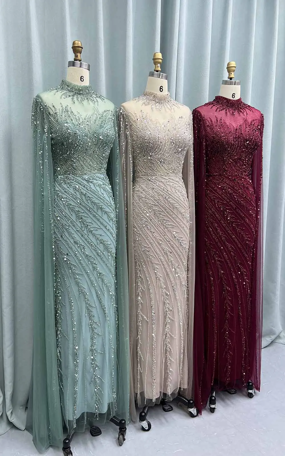 YQLNNE Luxury Saudi Arabia Crystals Evening Dresses With Cape Sage Green High Collar Beaded Long Mermaid Weddding Party Gown