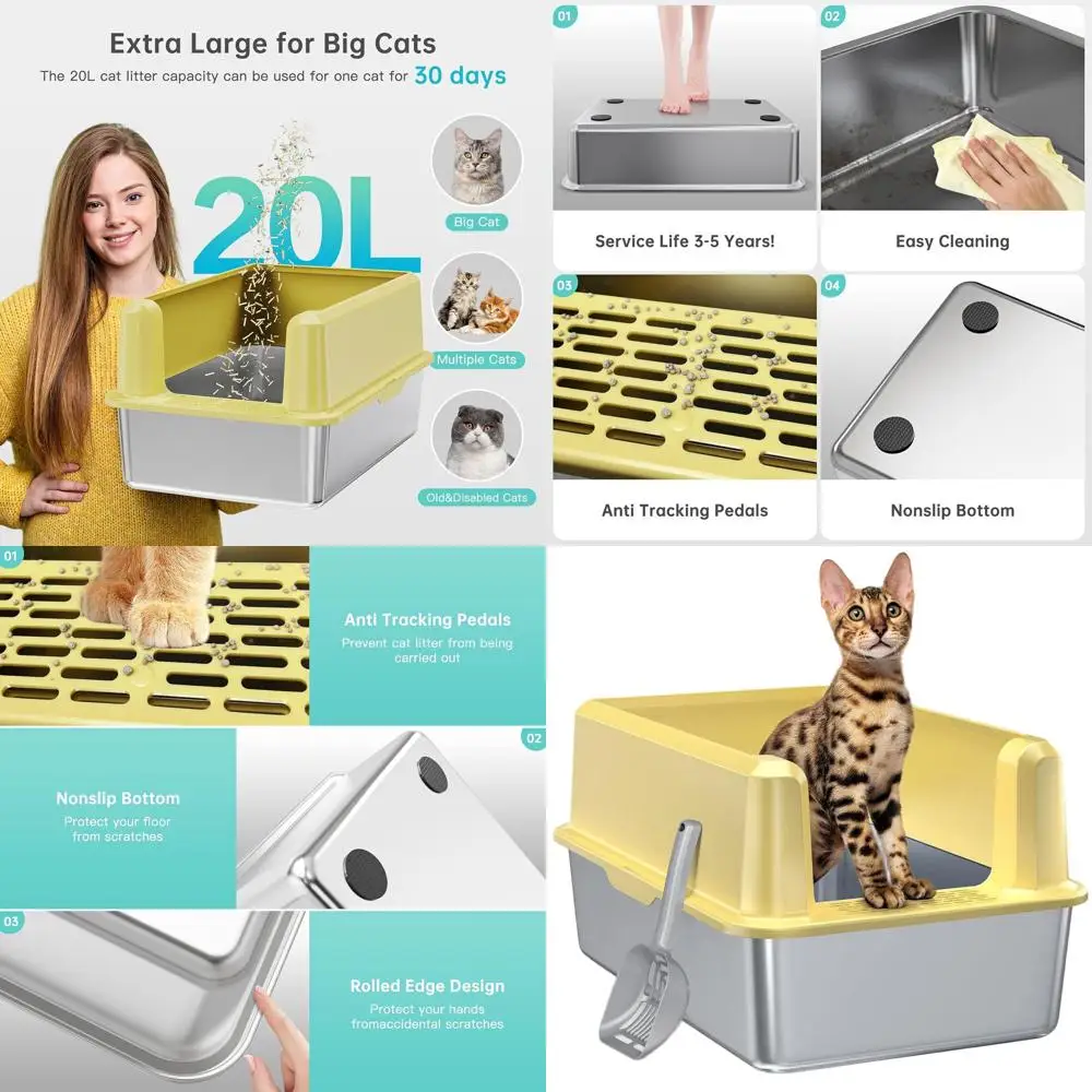 

Extra Large Stainless Steel Litter Box, High-Sided for Large Cats & Multiple Use, Leak-Proof, Easy to Clean with Included Scoop
