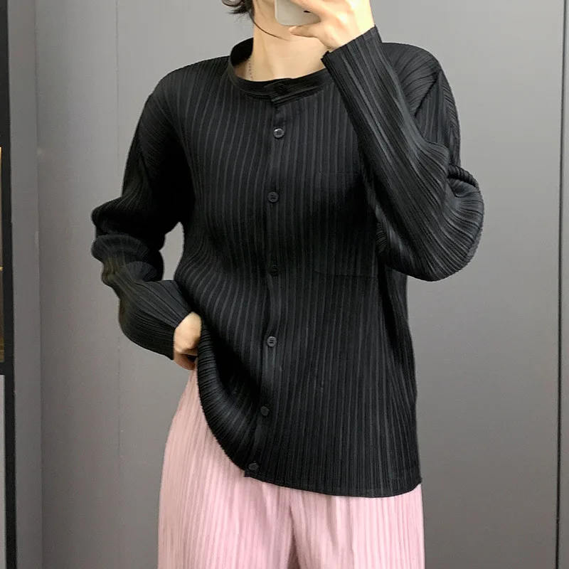 Miyake Fold Collar Jacket 2025 Spring and Autumn Versatile Pleat Collar Solid Color Loose Casual Fashion Cardigan Top Short