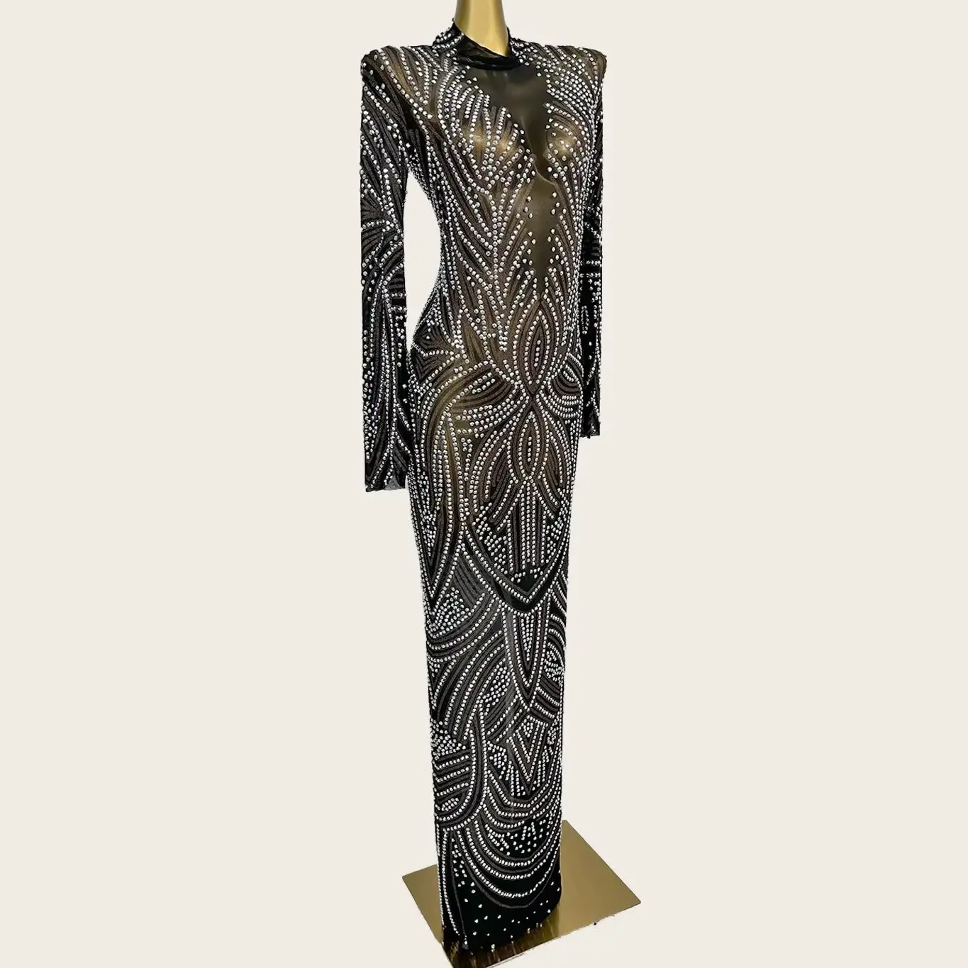 Czarna Przezroczysta Sukienka Wieczorowa z Siateczki, Galowa, Zdobiona Błyszczącymi Cyrkoniami, Długi Rękaw, Sukienka na Imprezę, Bal, Elegancka, Seksowna Długa Sukienka Damska Huayuan