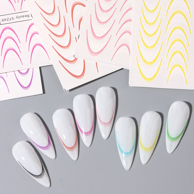 8pcs Gradient French Line Water Nail Stickers Set Colorful Stripe Ombre Designs Decals Guides for DIY Decoration Stencil Tools image 6