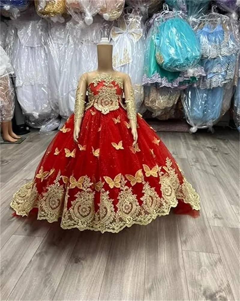 Customized Red Flower Girl Dress For Wedding Gold Appliques Butterflies Floor Length Full Sleeves Gorgeous Classic Ball Gown