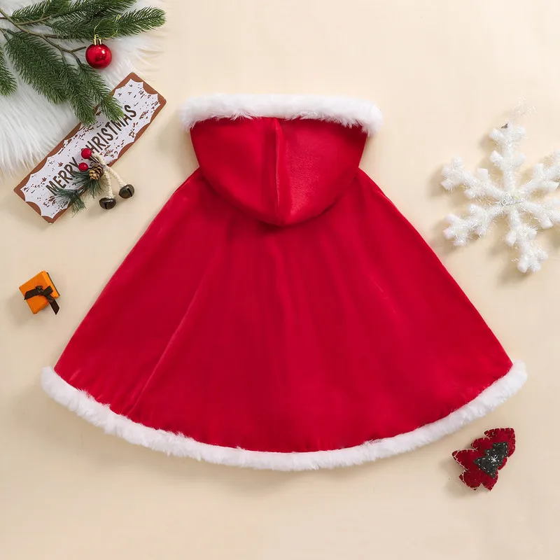 1 to 6 Years Christmas Red Velvet Cloak for Girls Contrast Color Fuzzy Trim Hooded Cape Cosplay Costume