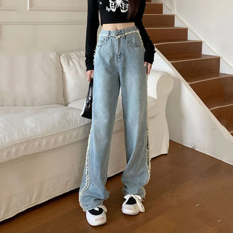 

Women's High Waisted Softener Jeans, Female Wide Leg Pants, Baggy Trousers, High Street, Spring, Autumn