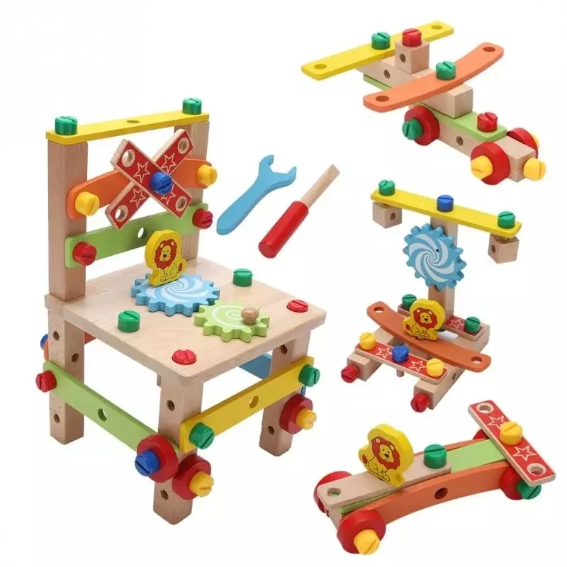 Montessori Toys Wooden Toys Assembling Chair Designer Set of Tools Toy for Kids Educational Toy Intelligent Games Sensory Gifts