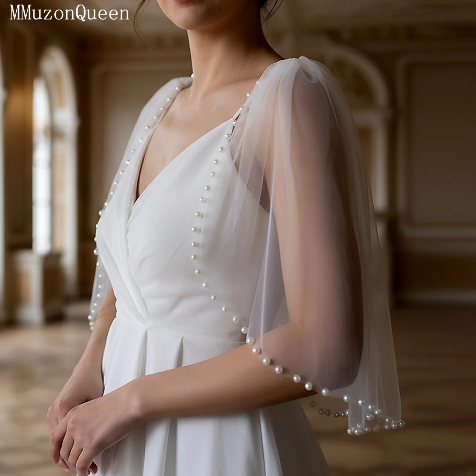 TOPQUEEN VG40A Stylish Short Bridal Prom Shawl Adorned With Delicate Pearl Trim and Secured With a Safety Pin
