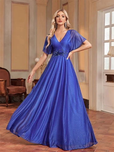 Vestido de noche Formal elegante con cuello en V real 2025, vestidos de fiesta de boda con apliques de manga corta para mujer, vestidos largos