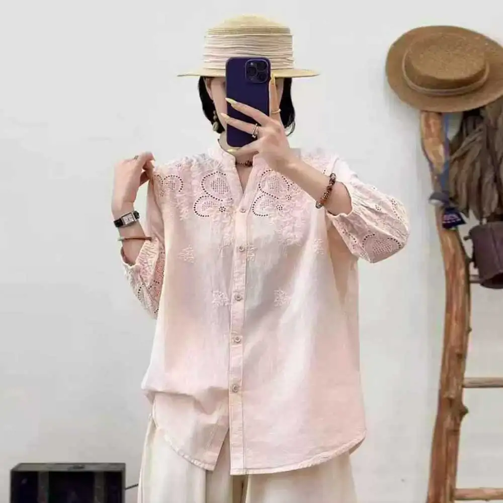 

Japanese Sweet Mori Girl Solid Color Embroidery Hollow Out Shirts Women Summer V-Neck Half Sleeve Casual Loose Blouse Tops