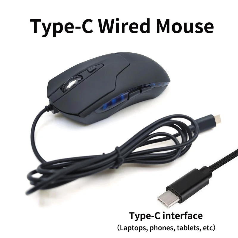 

Type-C Interface Wired Esport Mouse Blue Backlit 6 Buttons Ergonomic Plug & Play Silent Click Mice For PC Laptop Android Tablet