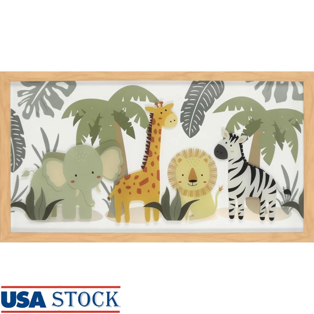 

Colorful Jungle Animals Framed Wall Art Natural Wood Frame Kids Bedroom Decor Imaginative Playroom Decoration Easy to Hang Gift