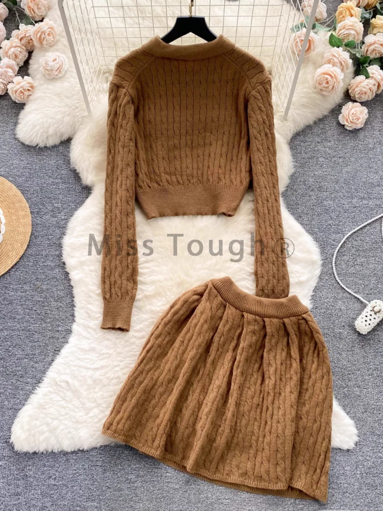 French College Style Sweet Knitted Two Piece Set Women Short Knit Top + High Waist Skirt New Retro Chic Streetwear Solid Suits