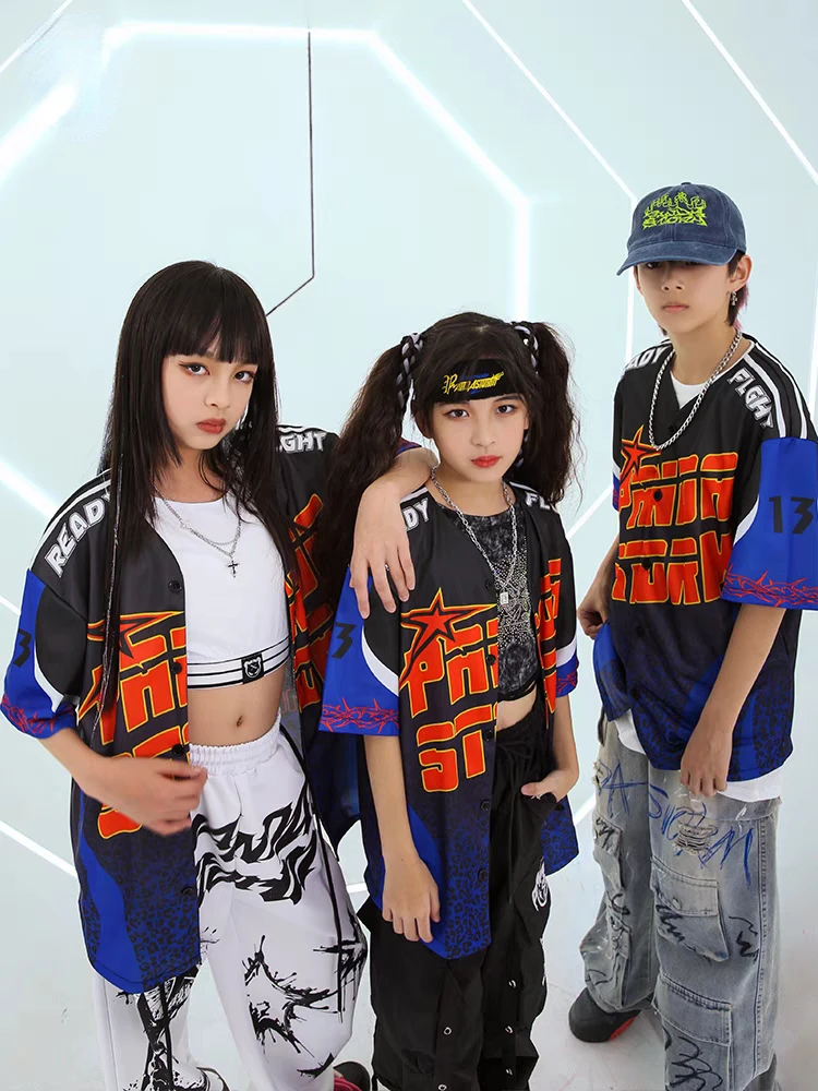 Neue Jazz Tanzen Outfits für Jungen Baseball Hemd Lose Hosen Anzüge Mädchen Ballsaal Hip Hop Dance Kostüme Bühne Leistung Tragen