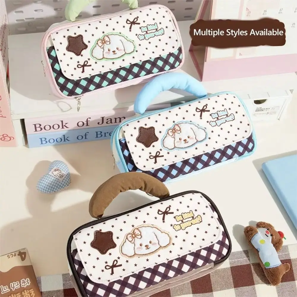 

Large Capacity Embroidered Puppy Pencil Case Handheld 5 Layer Cartoon Pen Bag Zipper Closure Multi-functional