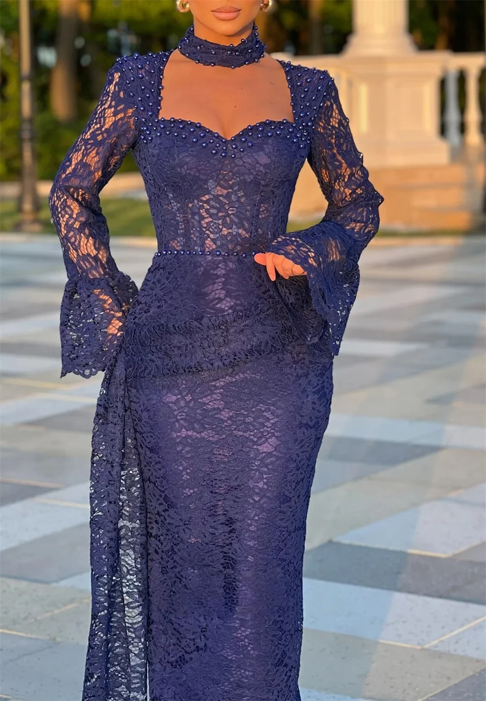 Cathy personalizado perlas encaje sirena mangas acampanadas vestido de graduación escote corazón vestidos de novia hasta el suelo vestidos de noche