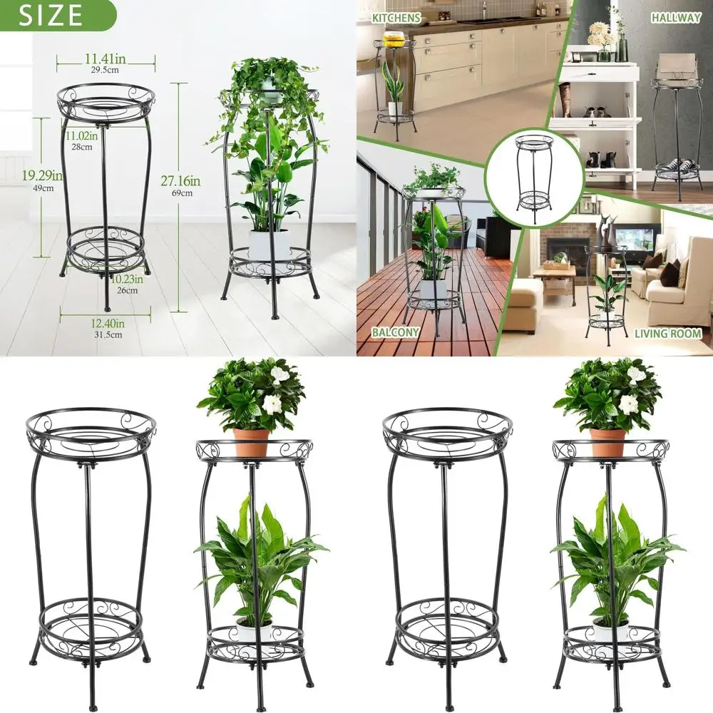 

Elegant Dual-Tier Black Metal Plant Stand, Rust-Resistant, 27.1 Tall for Indoor or Outdoor Use