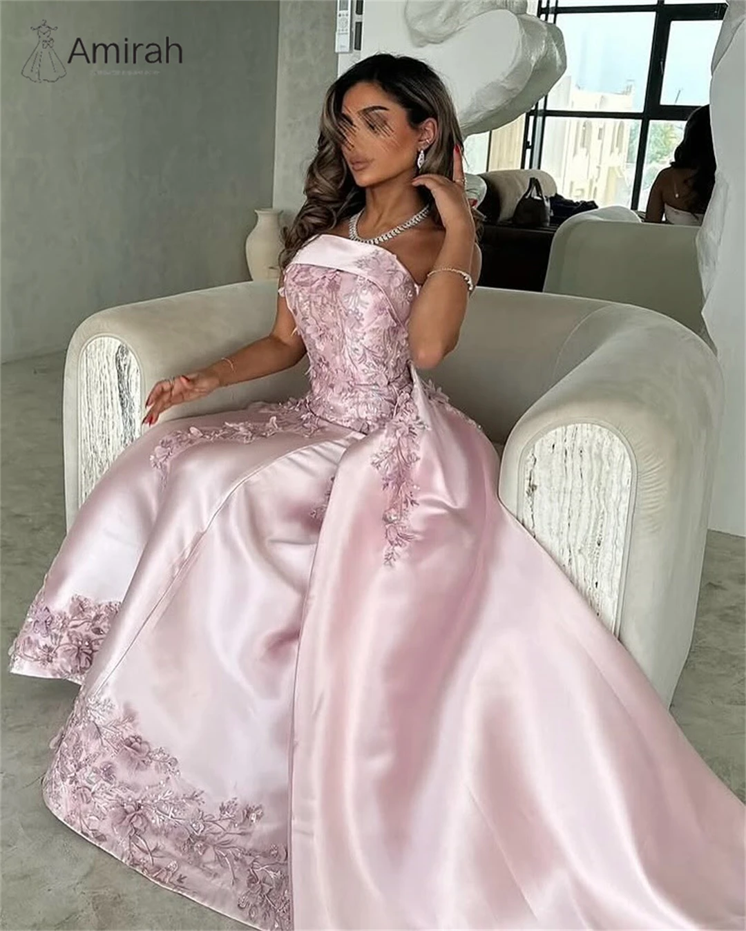 Amirah Ball Gown Custom Made Evening Dresses Woman Elegant Dress Luxury Prom Dresses Decal Print A-line Satin Off-shoulder Party