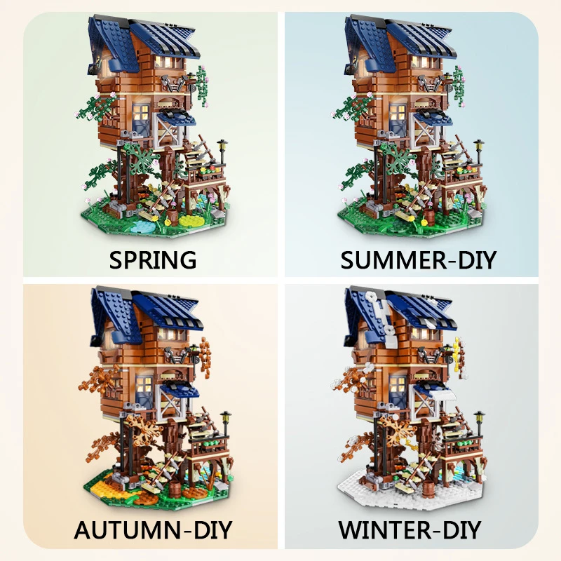 Idea Street View Treehouse MOC Architecture Building Block Four Season Tree House Bricsk Toys Streetscape Model With Light