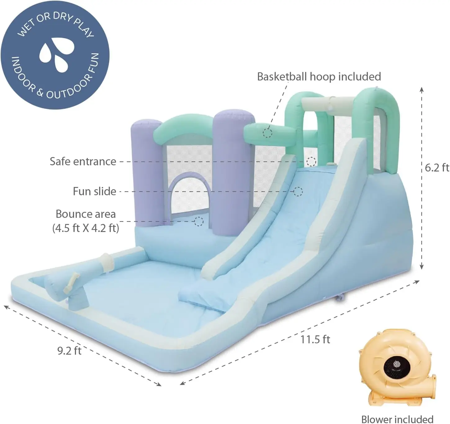 Splash Zone Dream Slide de água para casa de salto úmido ou seco, 11,5 pés de largura x 9 pés de largura x 6 pés de altura, cor pastel, área de salto espaciosa, piscina de respingos, C