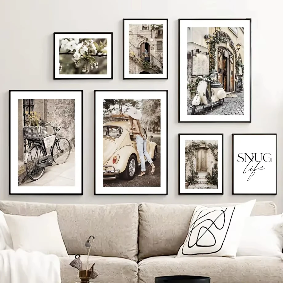 Vintage Electric Cars Bicycles Paris Old Street Wall Art Canvas Painting Nordic Posters Prints Living Room Decoration Murals