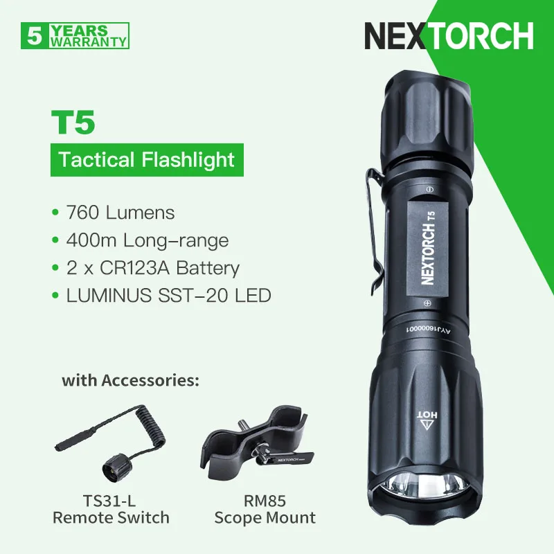 Nextorch T5 Long-Range LED Flashlight with Remote Switch & Scope Mount, 760 Lumens 400m Beam, IPX8(2m) Waterproof, for Hunting