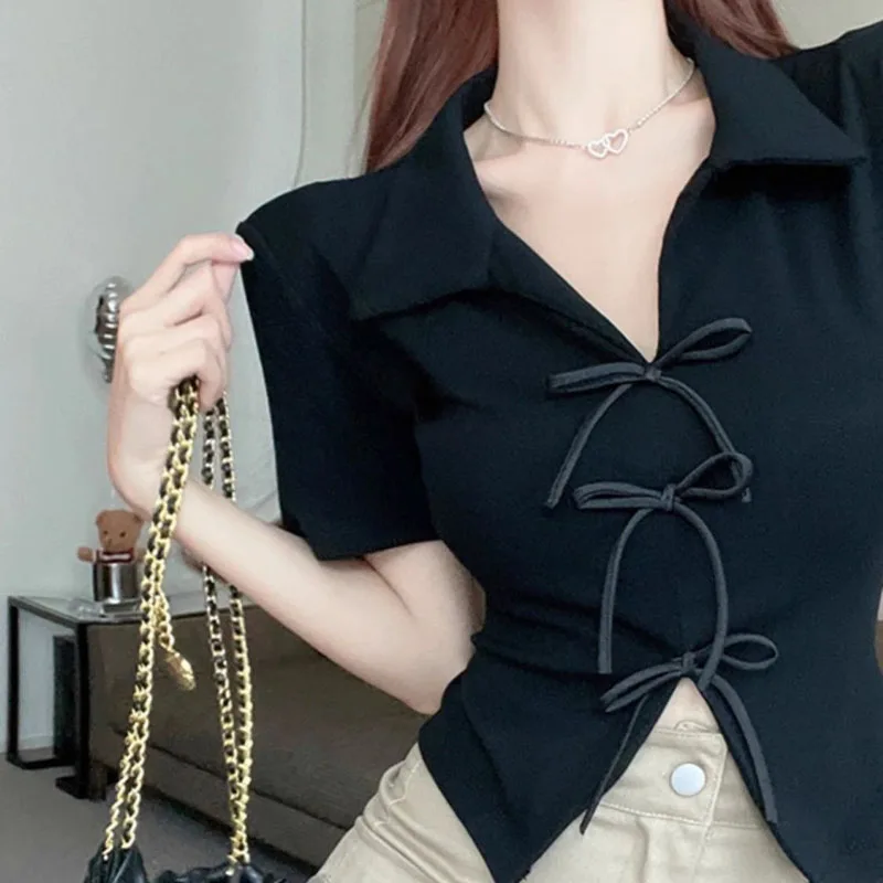 Women Fashion Sweet Slim Crop Tops Summer Vintage Solid Casual T-shirt French Style Lapel Short Sleeve Pullovers