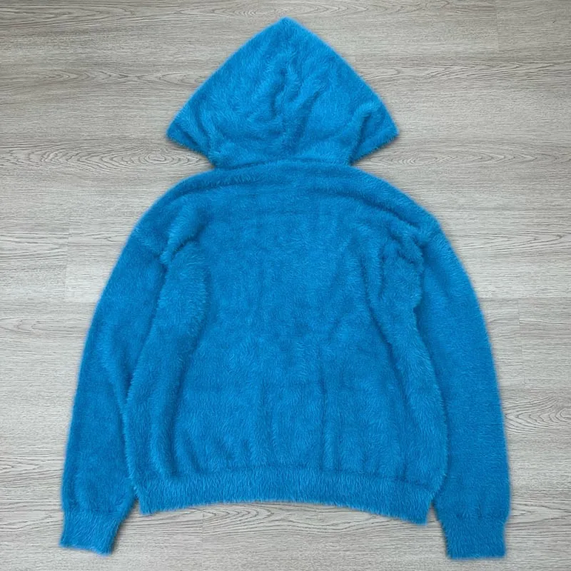 Vintage Street Furry Zip Hoodie Men Soft Plush Fabric Cartoon Embroidery Oversized Coat House of Errors Cardigan Sweater