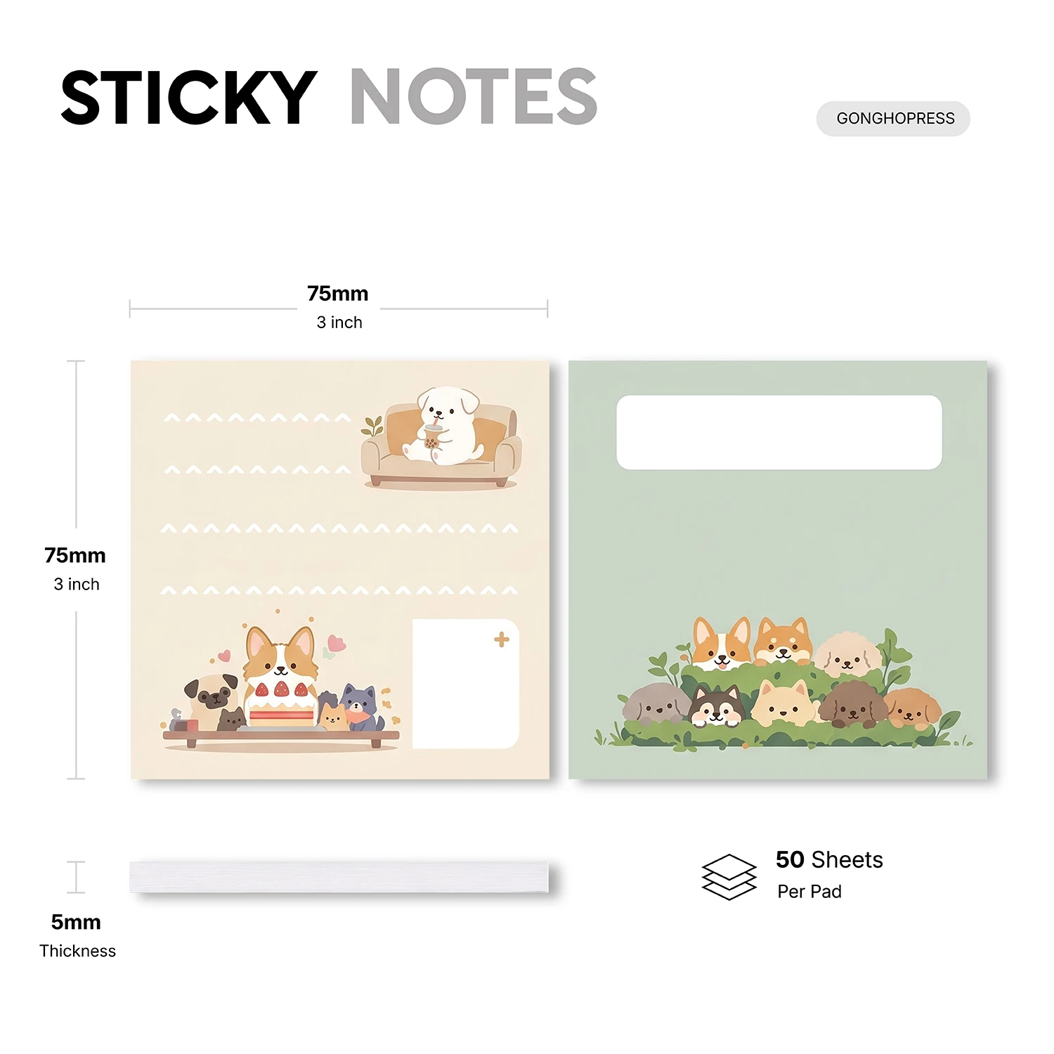 2pcs Cute Dog Sticky Notes Set, Kawaii Puppy Self Stick Memo Pads, 100 Sheets Total, Corgi Shiba and Pet Animal Notepads