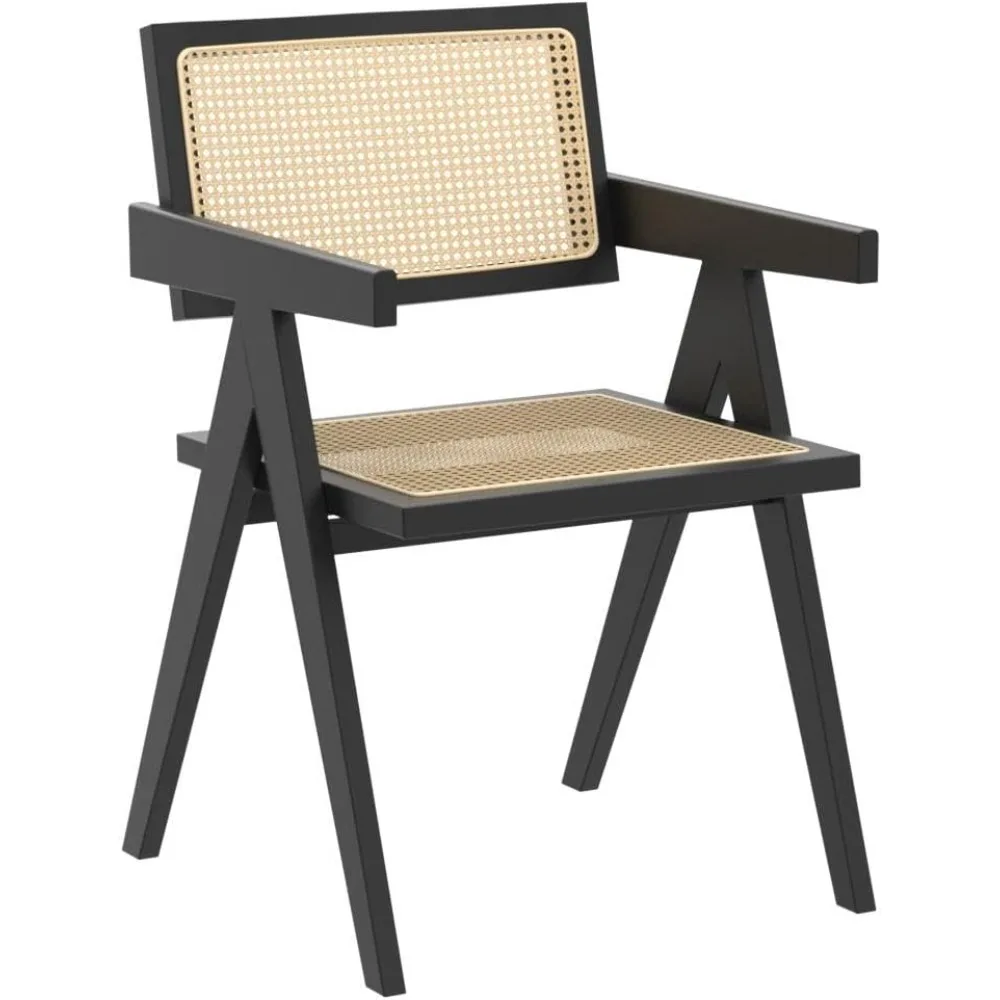 ブラックラタンダイニングチェア2脚セット、スタイリッシュな籐製キッチンチェア、ダイニングルーム用、モダンな家に最適