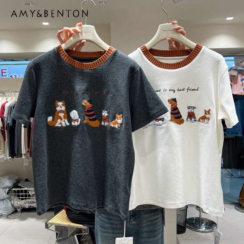 

Exquisite Cartoon Embroidery Thickened Brushed Short Sleeved T-shirt Ladies Autumn Winter Age-Reducing Beautiful Top Inner Wear