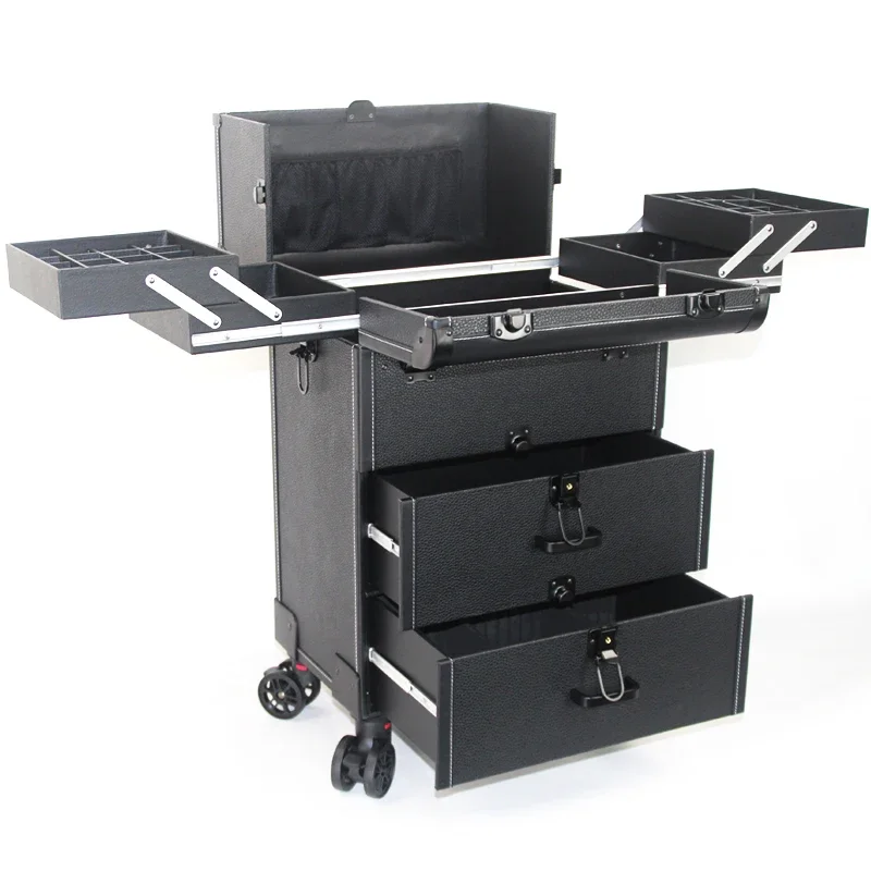 Large multi-layer professional trolley cosmetic box with lockable nail embroidery tools storage box for makeup artists