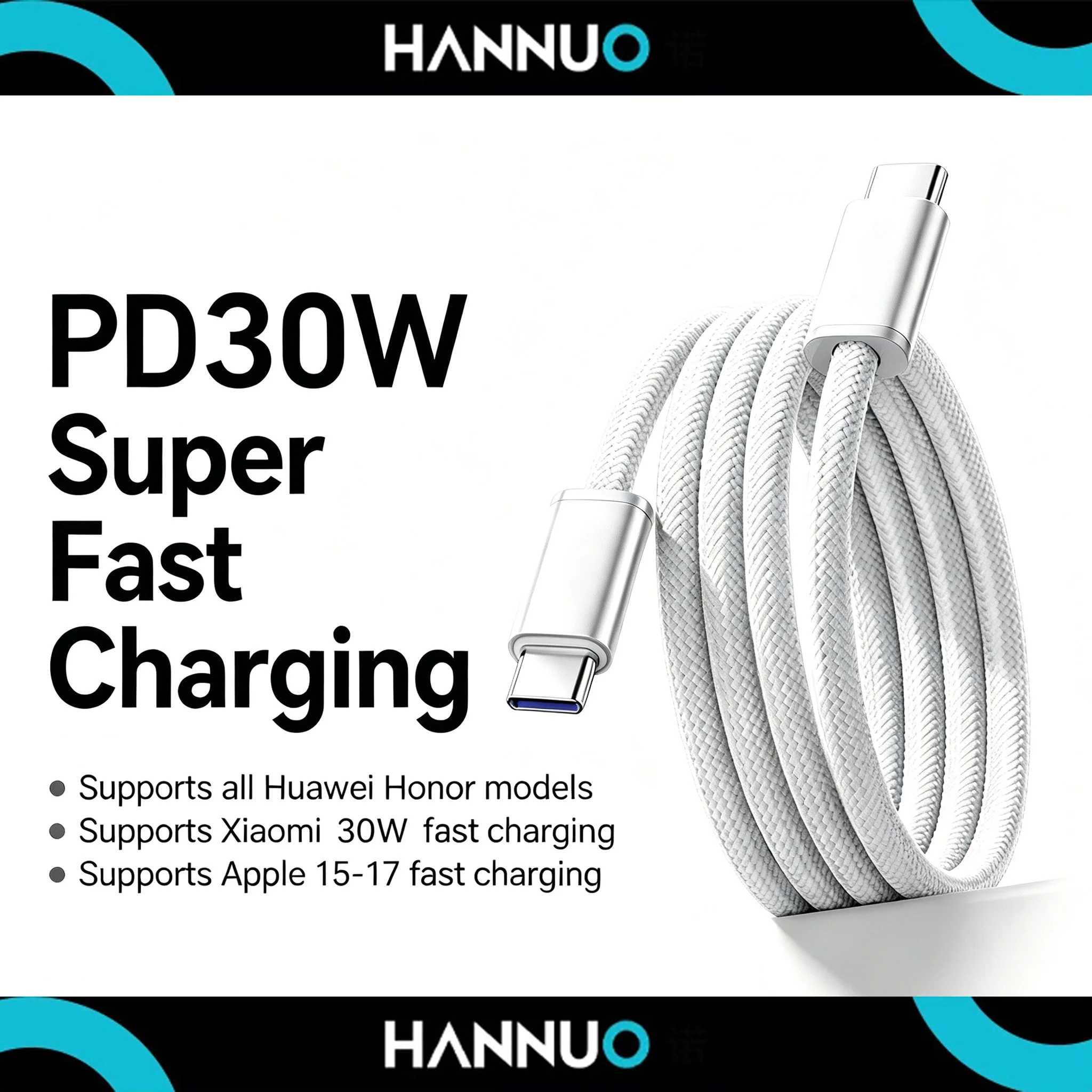 HANNUO 30W USB Type C To USB C Cable For iPhone17 iPad Samsung Xiaomi MacBook PD Fast Charging Charger Cord Charging Cable