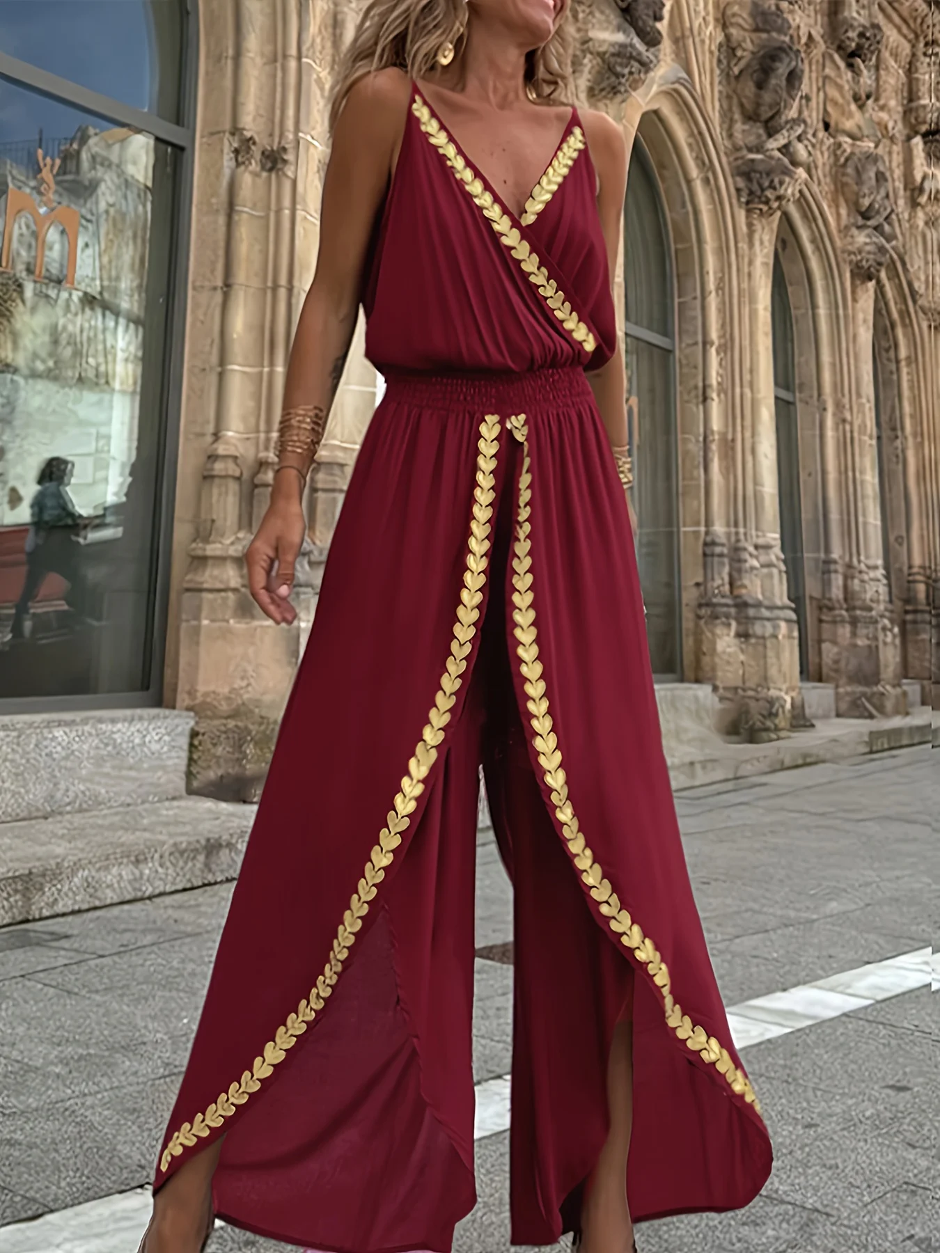 

Women's Casual Purple Jumpsuit Gold Embellished Wrap Neck Split Legs High Waist Great for Bohemian Trips City Walks