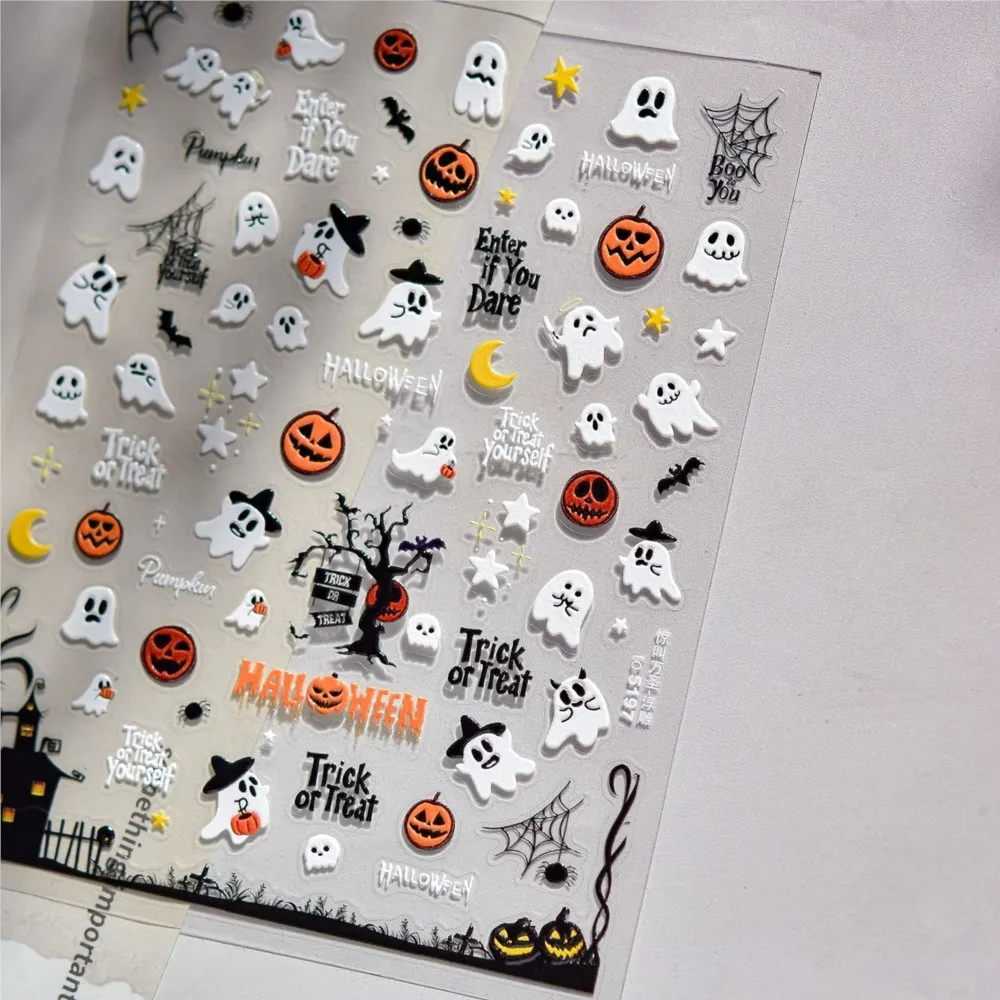 5D geprägter Kürbis Geist Nail Art Aufkleber Halloween Spinnennetz Fledermaus selbstklebender Nagelaufkleber Happy Halloween Nail Art Sliders Aufkleber