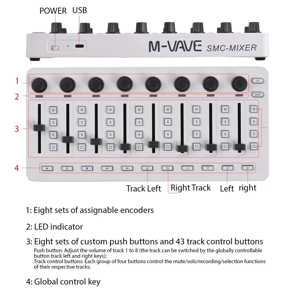 M-Vave SMC Mixer MIDI Bluetooth Sans Fil - Contrôleur 8 Encodeurs Batterie USB