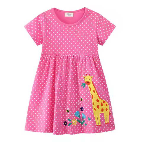 Jumping Meters Summer Dresses with Giraffe Appliques, Embroidered Dresses for Girls, Short Sleeve Polka Dot Clothing for Little Kids