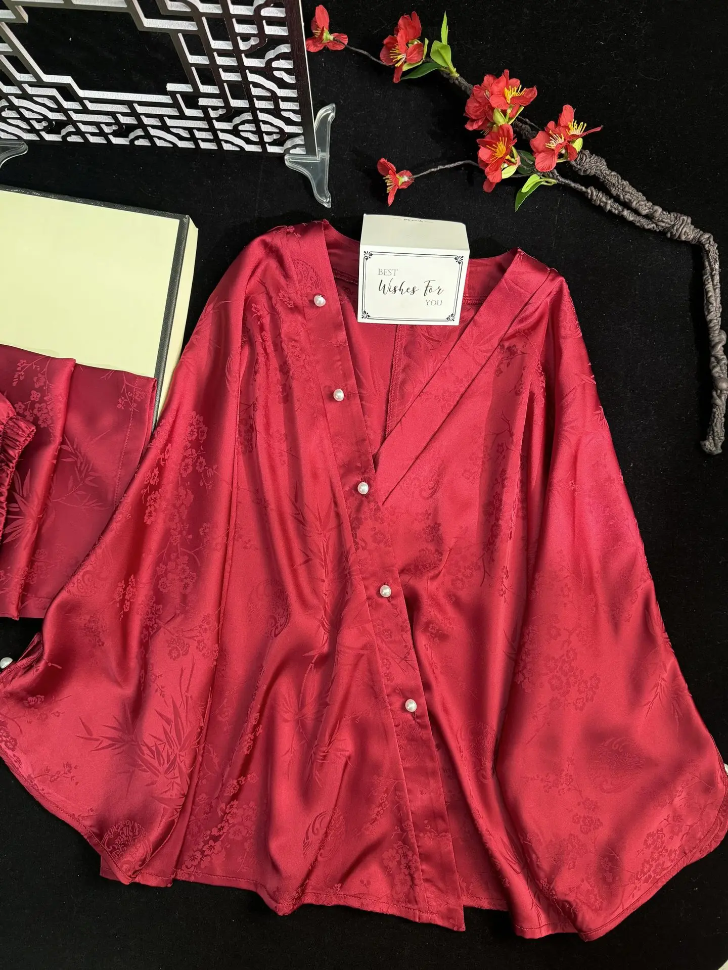 

Летний весенний комплект для сна: топ с V-образным вырезом и длинными рукавами, брюки из китайского жаккардового атласа, свободная женская рубашка, брюки с эластичным поясом