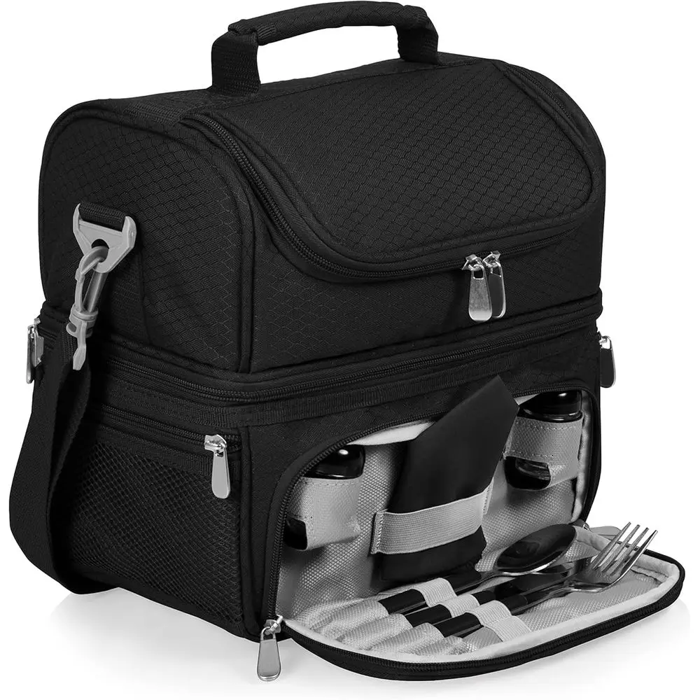 

Expandable Insulated Lunch Box with Picnic Set, Stylish Cooler Bag, Portable Dual Compartment Lunchbox with Leatherette Handles