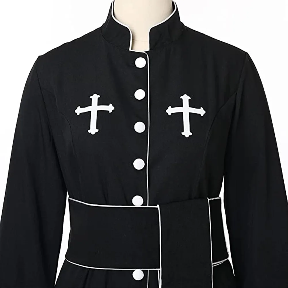 

Men's Priest Costume Pastor Robe Roman Cassock with Stand Collar Belt and Cross Necklace Halloween Carnival Party Uniform Suit